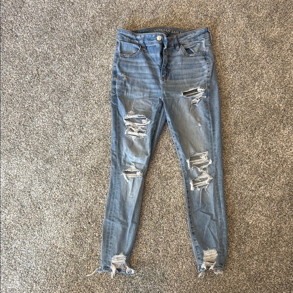 American Eagle Blue Skinny Jeans with Distressed Details